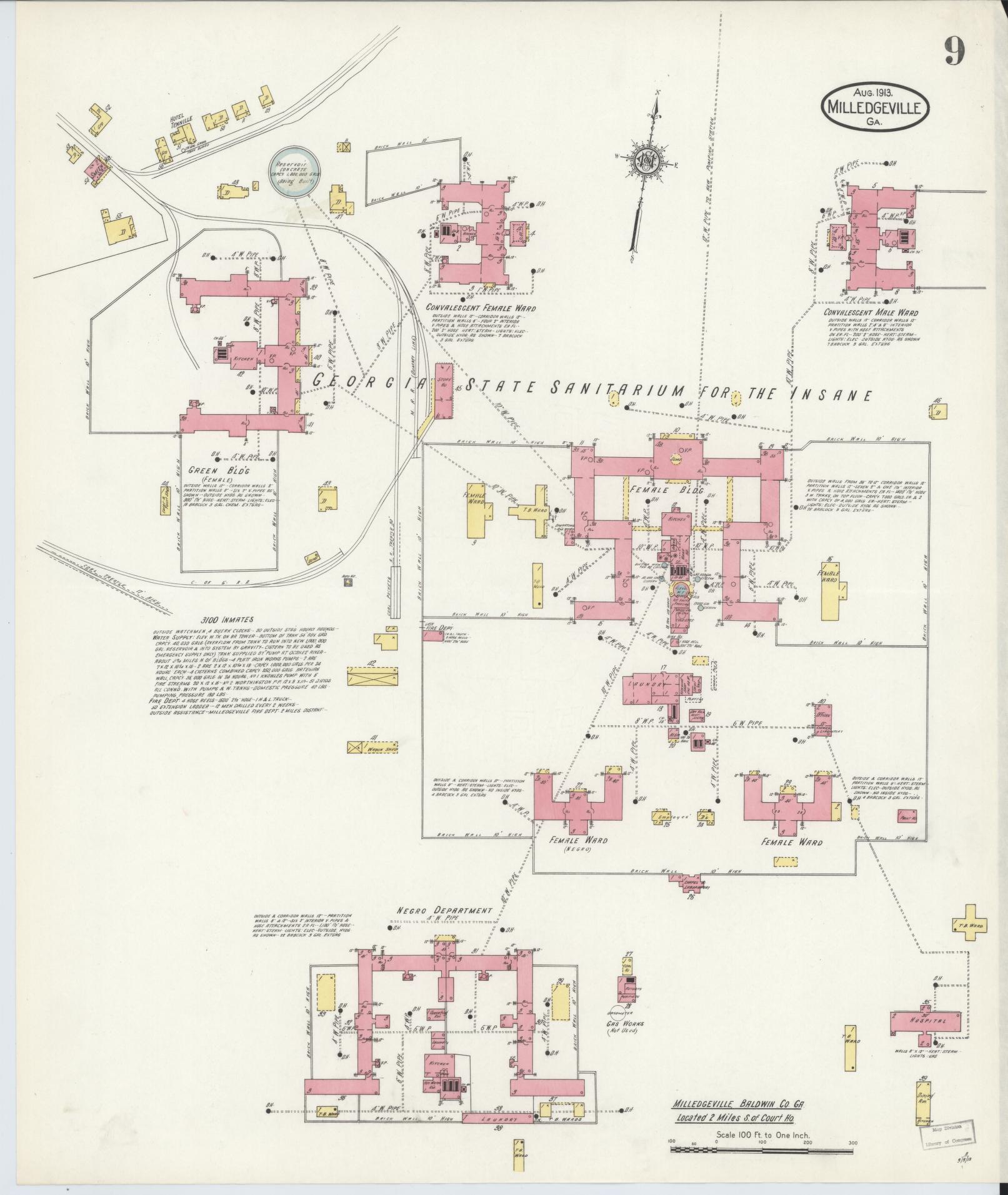 Sanborn Fire Insurance Map from Milledgeville, Baldwin County, Georgia (1913), Sheet #0009 - Historic Sanborn Fire Insurance Map Print, vintage old map wall art, antique decor, genealogy gift, Georgia Georgia map