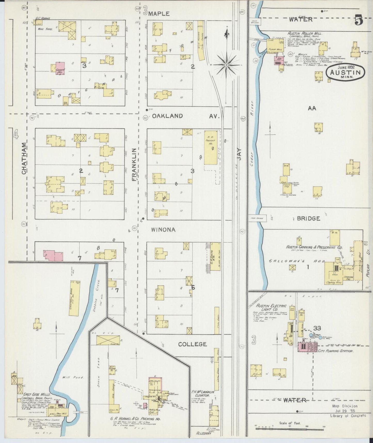 Sanborn Fire Insurance Map from Austin, Mower County, Minnesota (1892), Sheet #0005 - Complete Map Set gallery image, historic Sanborn map, vintage wall art, Minnesota Minnesota