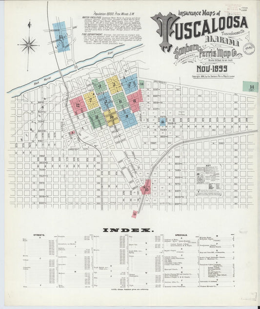 Sanborn Fire Insurance Map from Tuscaloosa, Tuscaloosa County, Alabama (1899), Sheet #0001 - Historic Sanborn Fire Insurance Map Print, vintage old map wall art, antique decor, genealogy gift, Alabama Alabama map