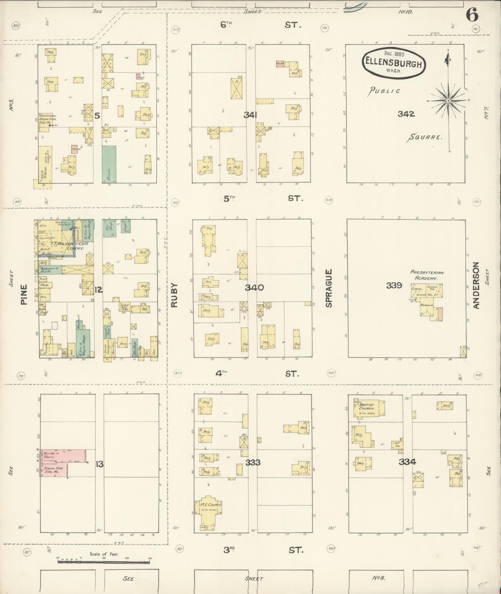 Sanborn Fire Insurance Map from Ellensburg, Kittitas County, Washington (1889), Sheet #0006 - Complete Map Set gallery image, historic Sanborn map, vintage wall art, Washington Washington