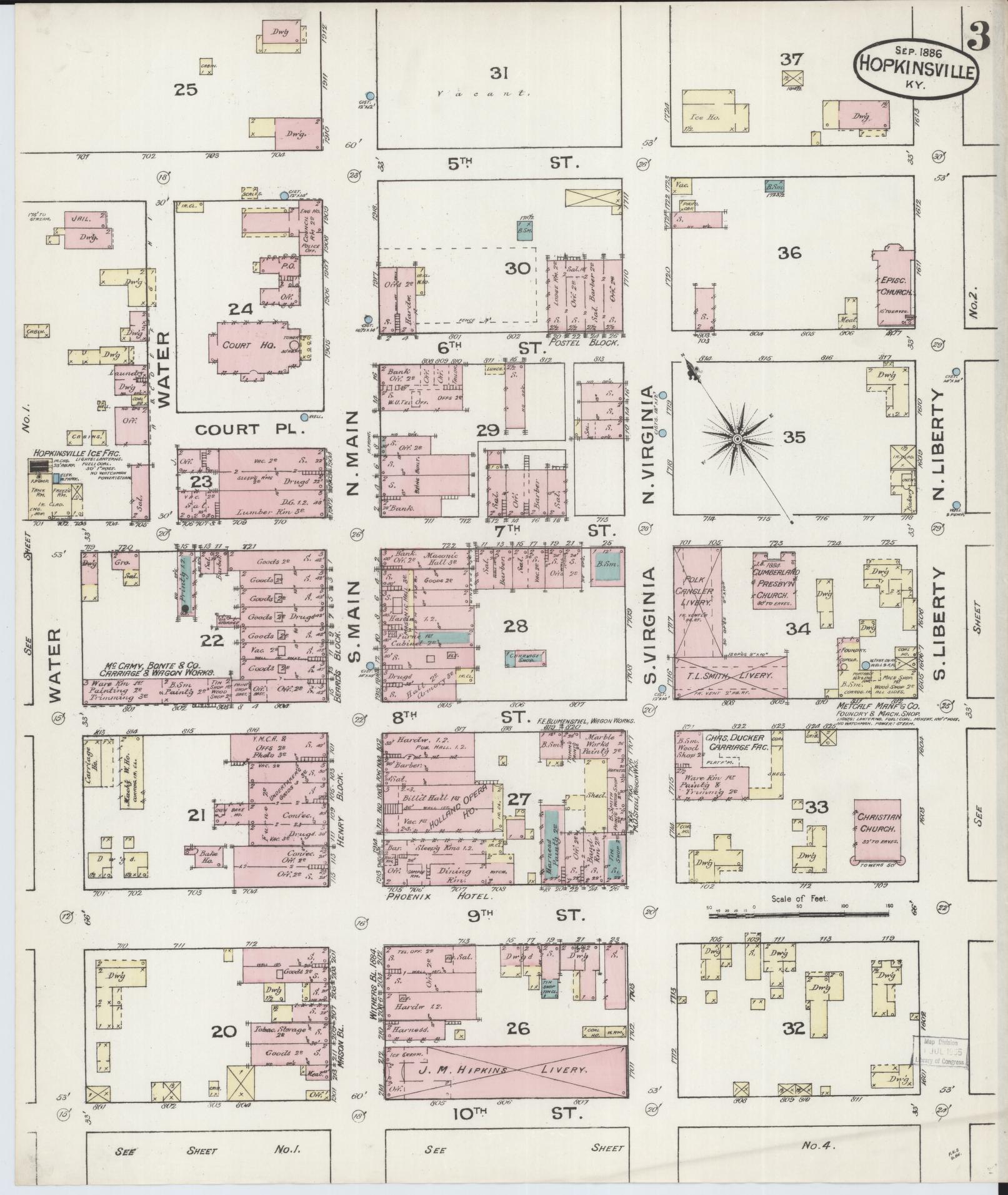 Sanborn Fire Insurance Map from Hopkinsville, Christian County, Kentucky (1886), Sheet #0003 - Complete Map Set gallery image, historic Sanborn map, vintage wall art, Kentucky Kentucky