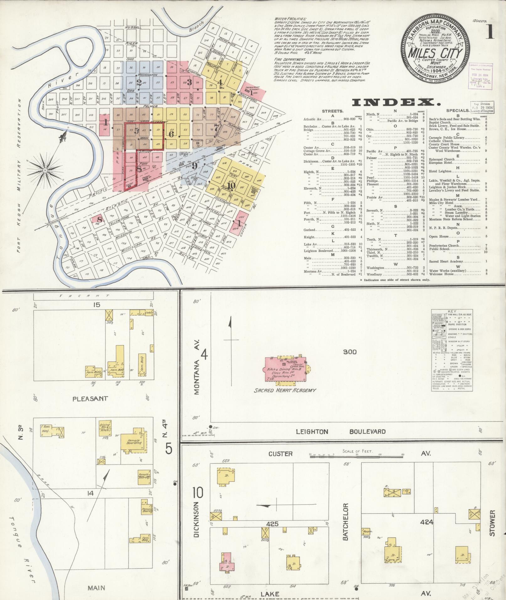 Sanborn Fire Insurance Map from Miles City, Custer County, Montana (1904), Sheet #0001 - Historic Sanborn Fire Insurance Map Print, vintage old map wall art, antique decor, genealogy gift, Montana Montana map