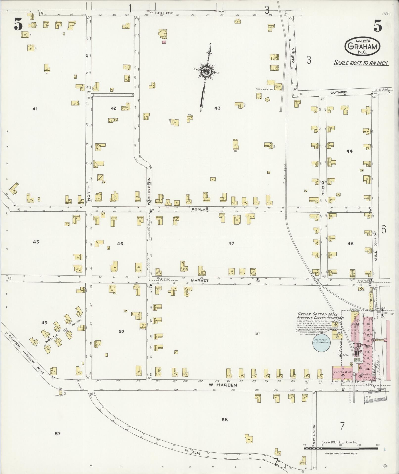 Sanborn Fire Insurance Map from Graham, Alamance County, North Carolina (1924), Sheet #0005 - Complete Map Set gallery image, historic Sanborn map, vintage wall art, North Carolina North Carolina