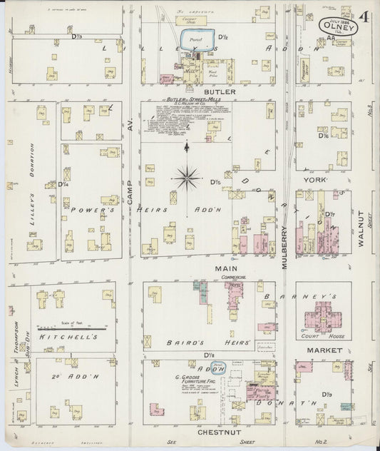 Sanborn Fire Insurance Map from Olney, Richland County, Illinois (1886), Sheet #0004 - Historic Sanborn Fire Insurance Map Print, vintage old map wall art, antique decor, genealogy gift, Illinois Illinois map