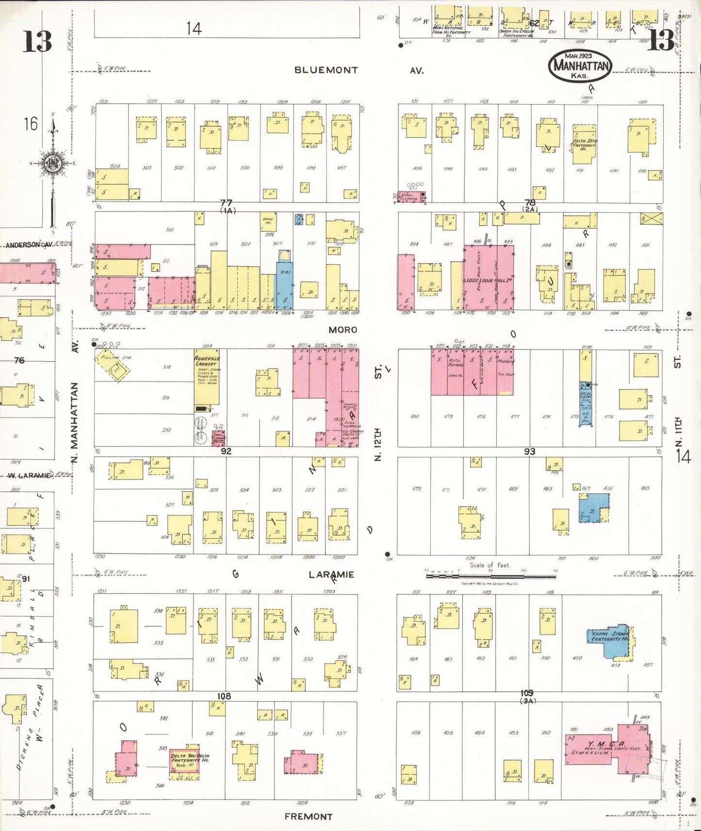 Sanborn Fire Insurance Map from Manhattan, Riley County, Kansas (1923), Sheet #0013 - Complete Map Set gallery image, historic Sanborn map, vintage wall art, Kansas Kansas