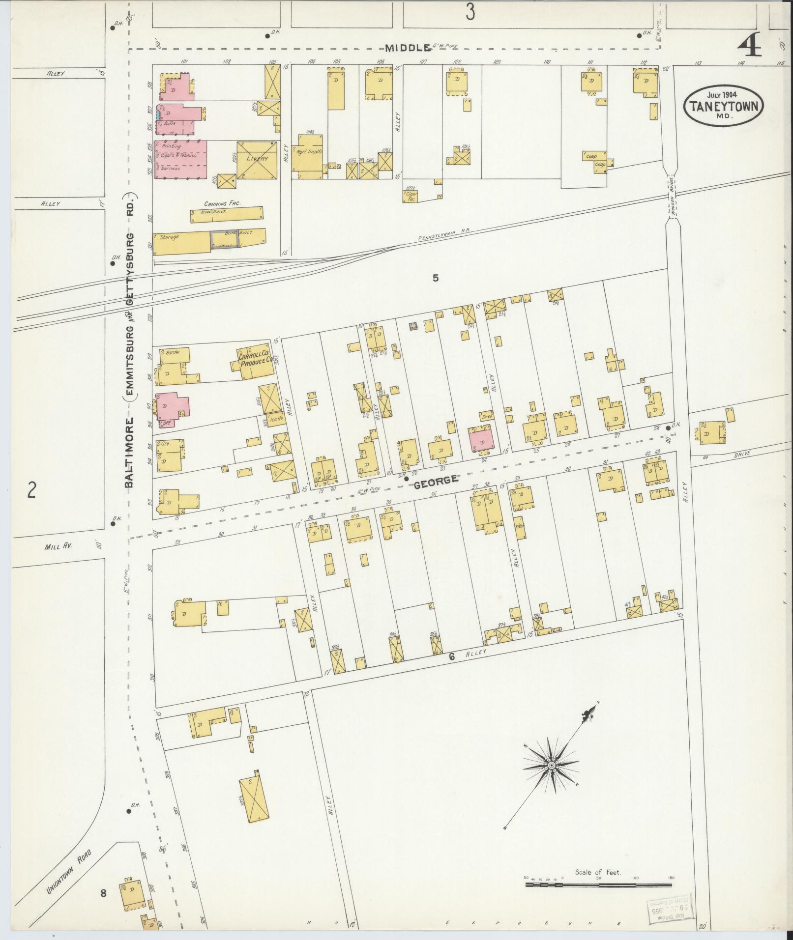 Sanborn Fire Insurance Map from Taneytown, Carroll County, Maryland (1904), Sheet #0004 - Historic Sanborn Fire Insurance Map Print, vintage old map wall art