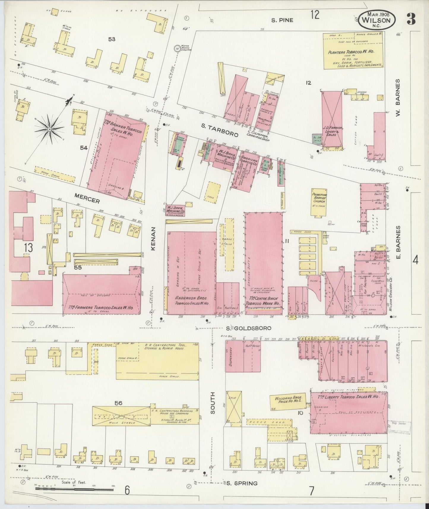 Sanborn Fire Insurance Map from Wilson, Wilson County, North Carolina (1908), Sheet #0003 - Complete Map Set gallery image, historic Sanborn map, vintage wall art, North Carolina North Carolina