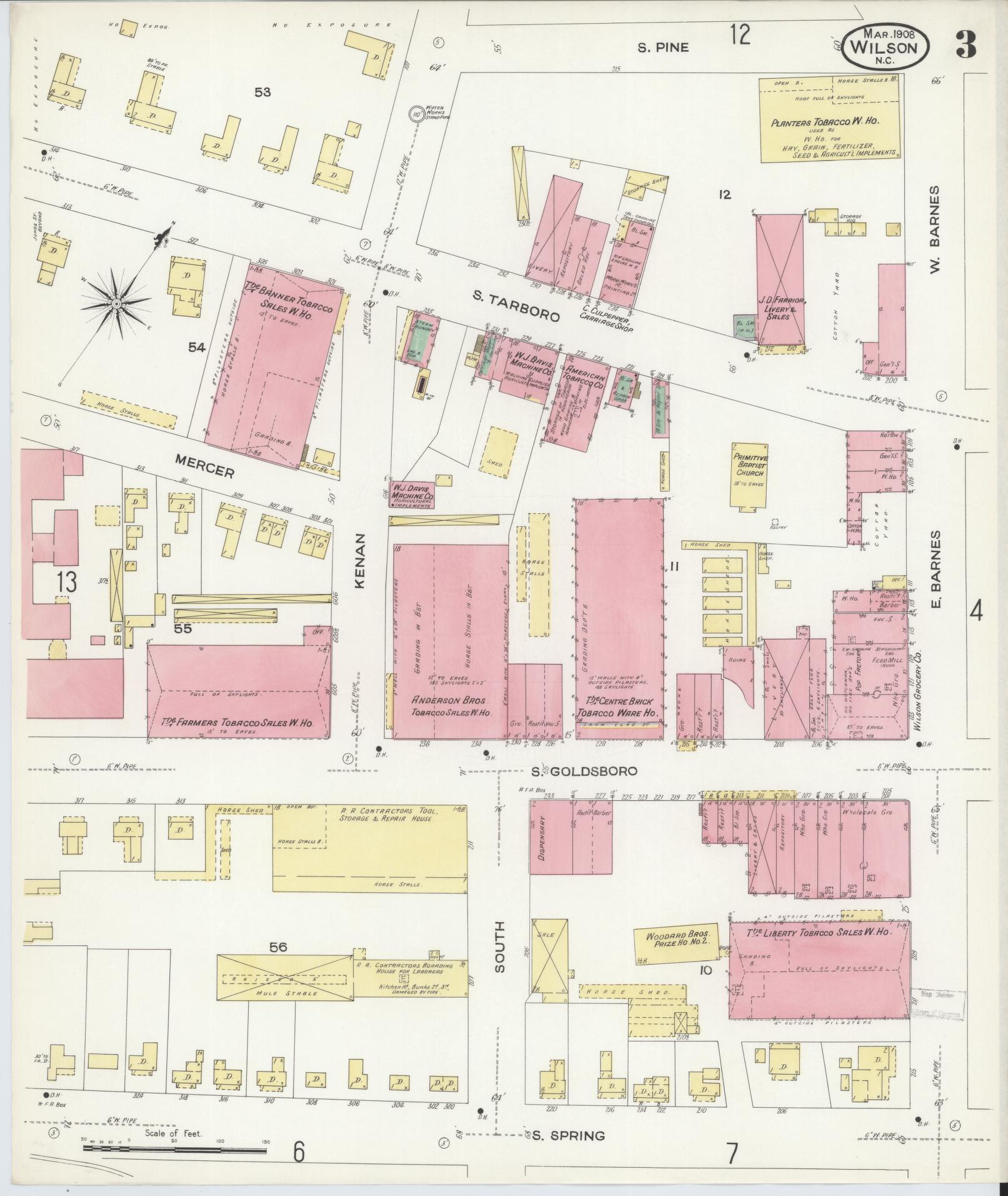 Sanborn Fire Insurance Map from Wilson, Wilson County, North Carolina (1908), Sheet #0003 - Complete Map Set gallery image, historic Sanborn map, vintage wall art, North Carolina North Carolina