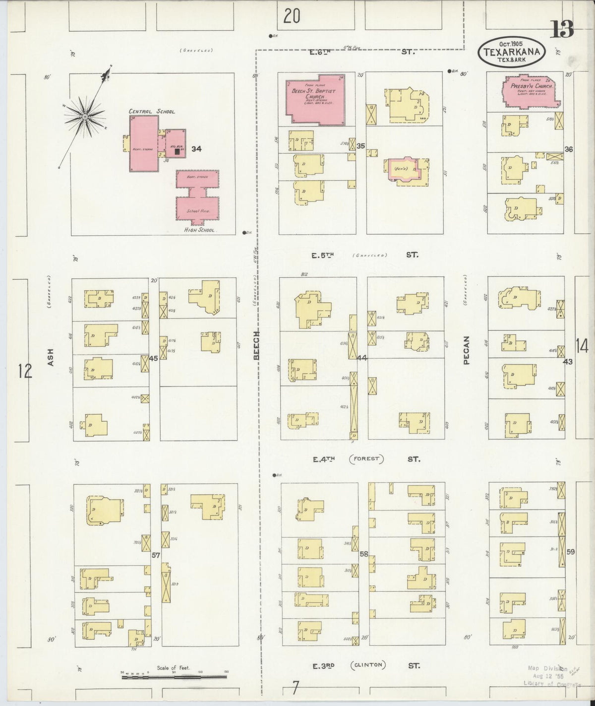 Sanborn Fire Insurance Map from Texarkana, Bowie County, Texas (1905), Sheet #0013 - Historic Sanborn Fire Insurance Map Print, vintage old map wall art, antique decor, genealogy gift, Texas Texas map