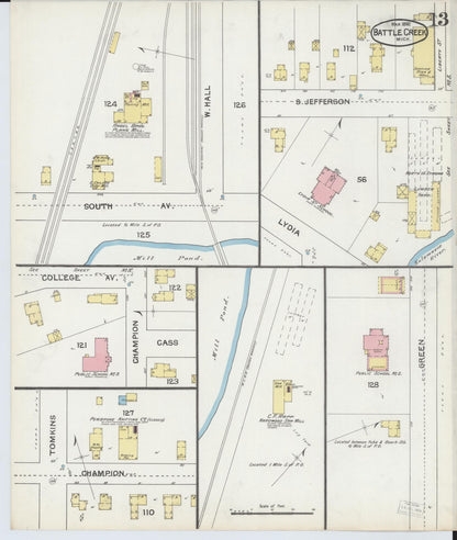 Sanborn Fire Insurance Map from Battle Creek, Calhoun County, Michigan (1892), Sheet #0013 - Complete Map Set gallery image, historic Sanborn map, vintage wall art, Michigan Michigan