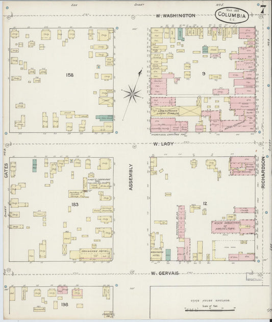 Sanborn Fire Insurance Map from Columbia, Richland County, South Carolina (1888), Sheet #0007 - Historic Sanborn Fire Insurance Map Print, vintage old map wall art, antique decor, genealogy gift, South Carolina South Carolina map