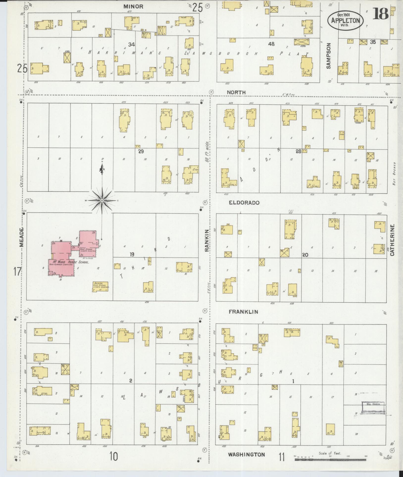 Sanborn Fire Insurance Map from Appleton, Outagamie County, Wisconsin (1901), Sheet #0018 - Historic Sanborn Fire Insurance Map Print, vintage old map wall art, antique decor, genealogy gift, Wisconsin Wisconsin map