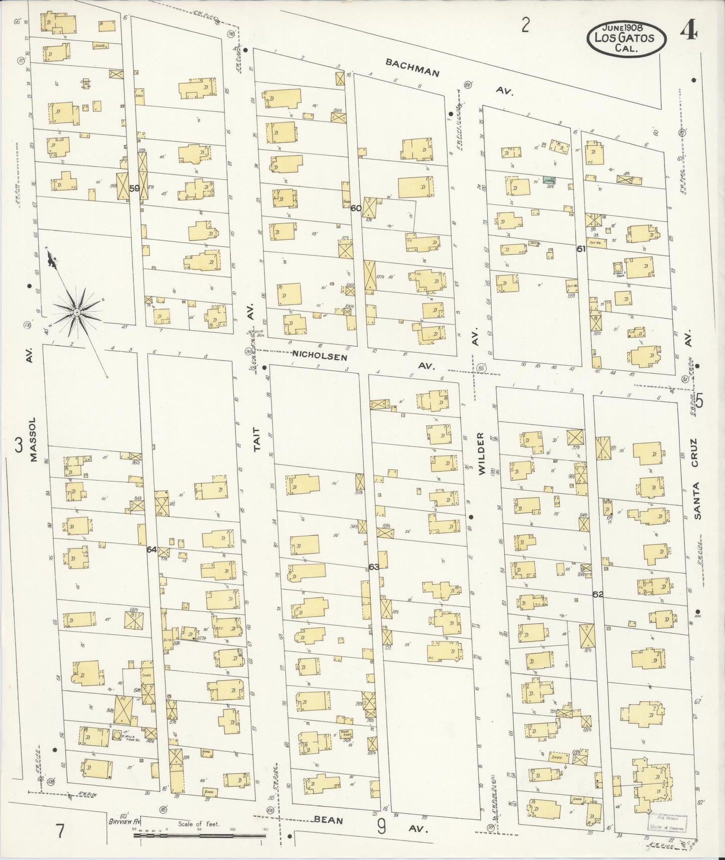 Sanborn Fire Insurance Map from Los Gatos, Santa Clara County, California (1908), Sheet #0004 - Historic Sanborn Fire Insurance Map Print, vintage old map wall art, antique decor, genealogy gift, California California map