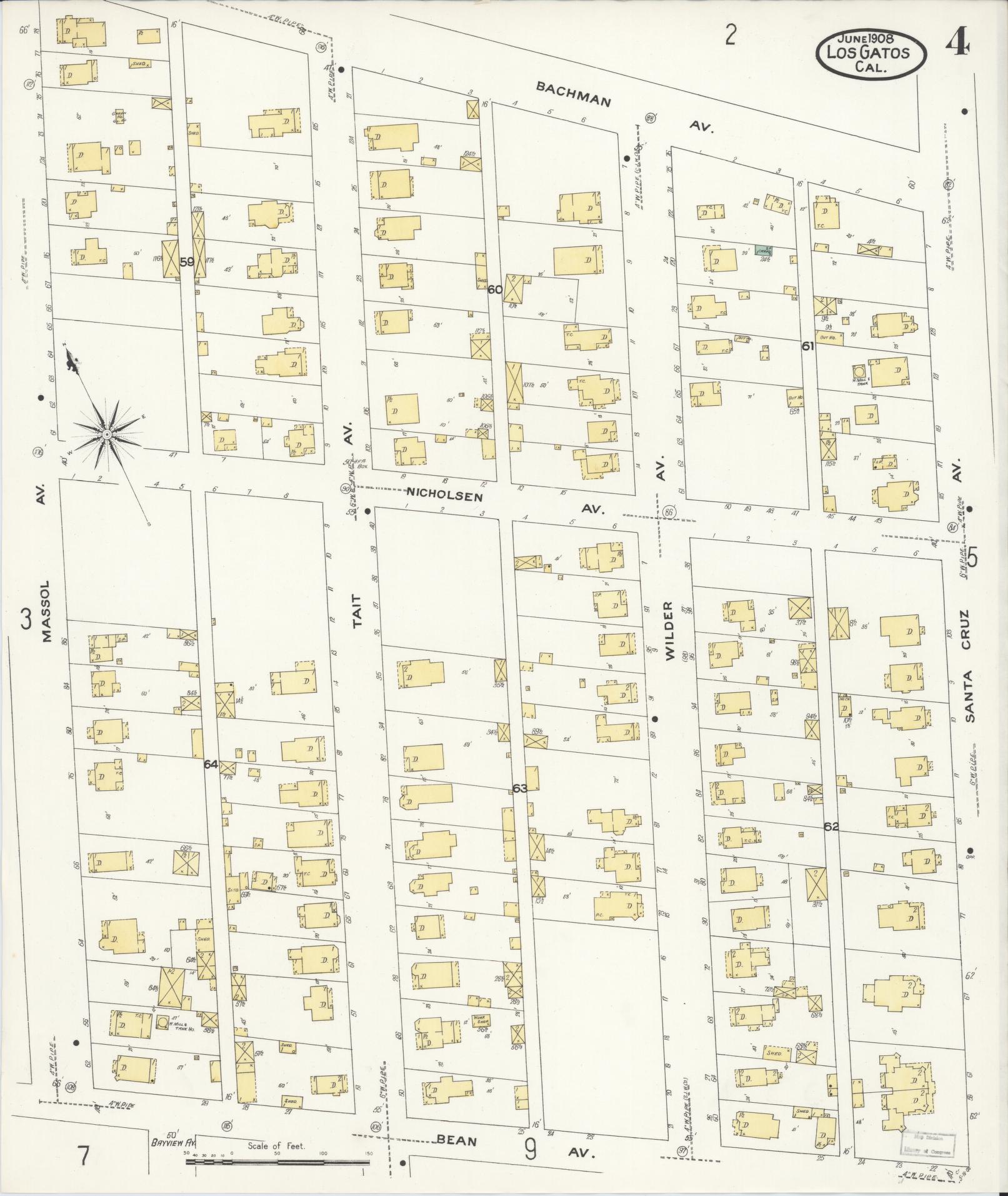 Sanborn Fire Insurance Map from Los Gatos, Santa Clara County, California (1908), Sheet #0004 - Historic Sanborn Fire Insurance Map Print, vintage old map wall art, antique decor, genealogy gift, California California map