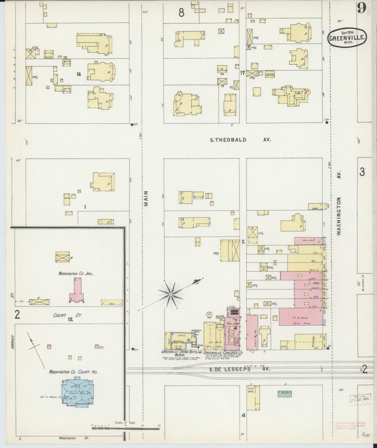 Sanborn Fire Insurance Map from Greenville, Washington County, Mississippi (1896), Sheet #0009 - Historic Sanborn Fire Insurance Map Print, vintage old map wall art, antique decor, genealogy gift, Mississippi Mississippi map