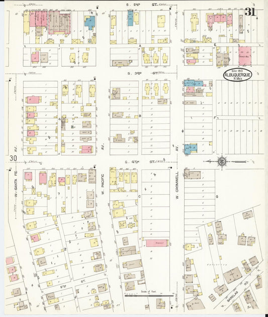 Sanborn Fire Insurance Map from Albuquerque, Bernalillo County, New Mexico (1913), Sheet #0031 - Historic Sanborn Fire Insurance Map Print, vintage old map wall art, antique decor, genealogy gift, New Mexico New Mexico map