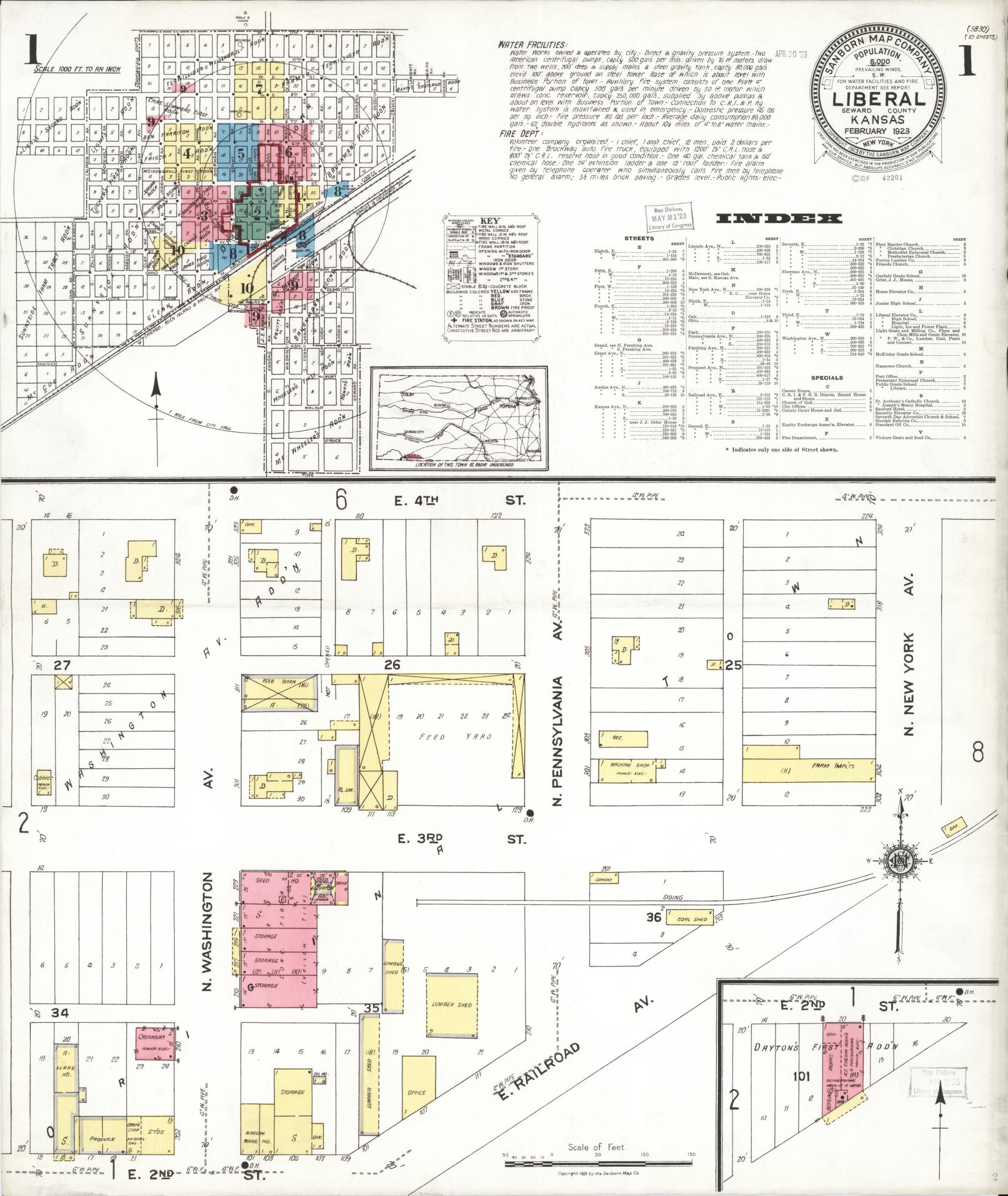Sanborn Fire Insurance Map from Liberal, Seward County, Kansas (1923), Sheet #0001 - Historic Sanborn Fire Insurance Map Print, vintage old map wall art, antique decor, genealogy gift, Kansas Kansas map