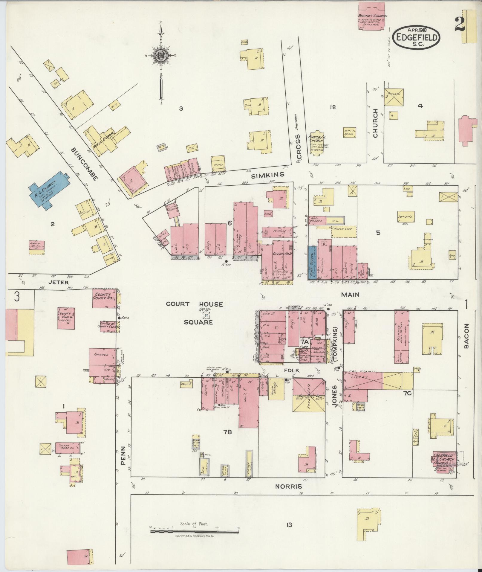 Sanborn Fire Insurance Map from Edgefield, Edgefield County, South Carolina (1918), Sheet #0002 - Historic Sanborn Fire Insurance Map Print, vintage old map wall art, antique decor, genealogy gift, South Carolina South Carolina map