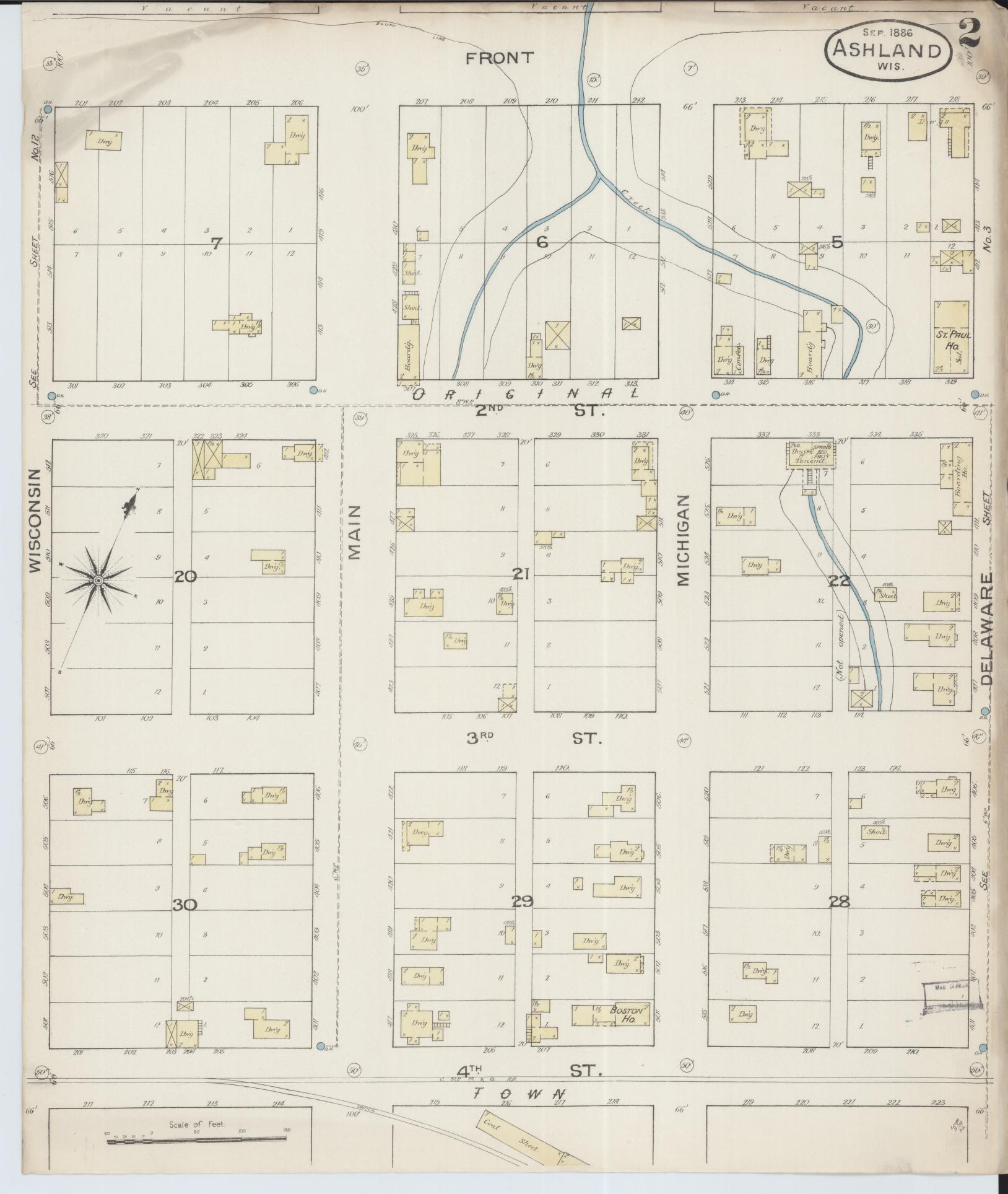 Sanborn Fire Insurance Map from Ashland, Ashland County, Wisconsin (1886), Sheet #0002 - Complete Map Set gallery image, historic Sanborn map, vintage wall art, Wisconsin Wisconsin