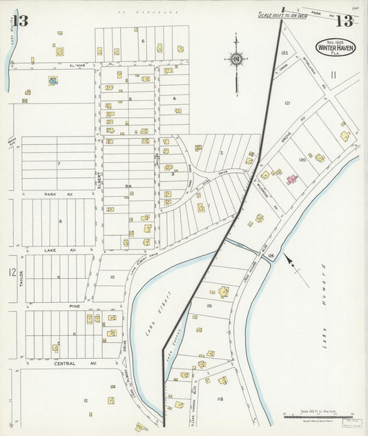 Sanborn Fire Insurance Map from Winter Haven, Polk County, Florida (1924), Sheet #0013 - Historic Sanborn Fire Insurance Map Print, vintage old map wall art, antique decor, genealogy gift, Florida Florida map