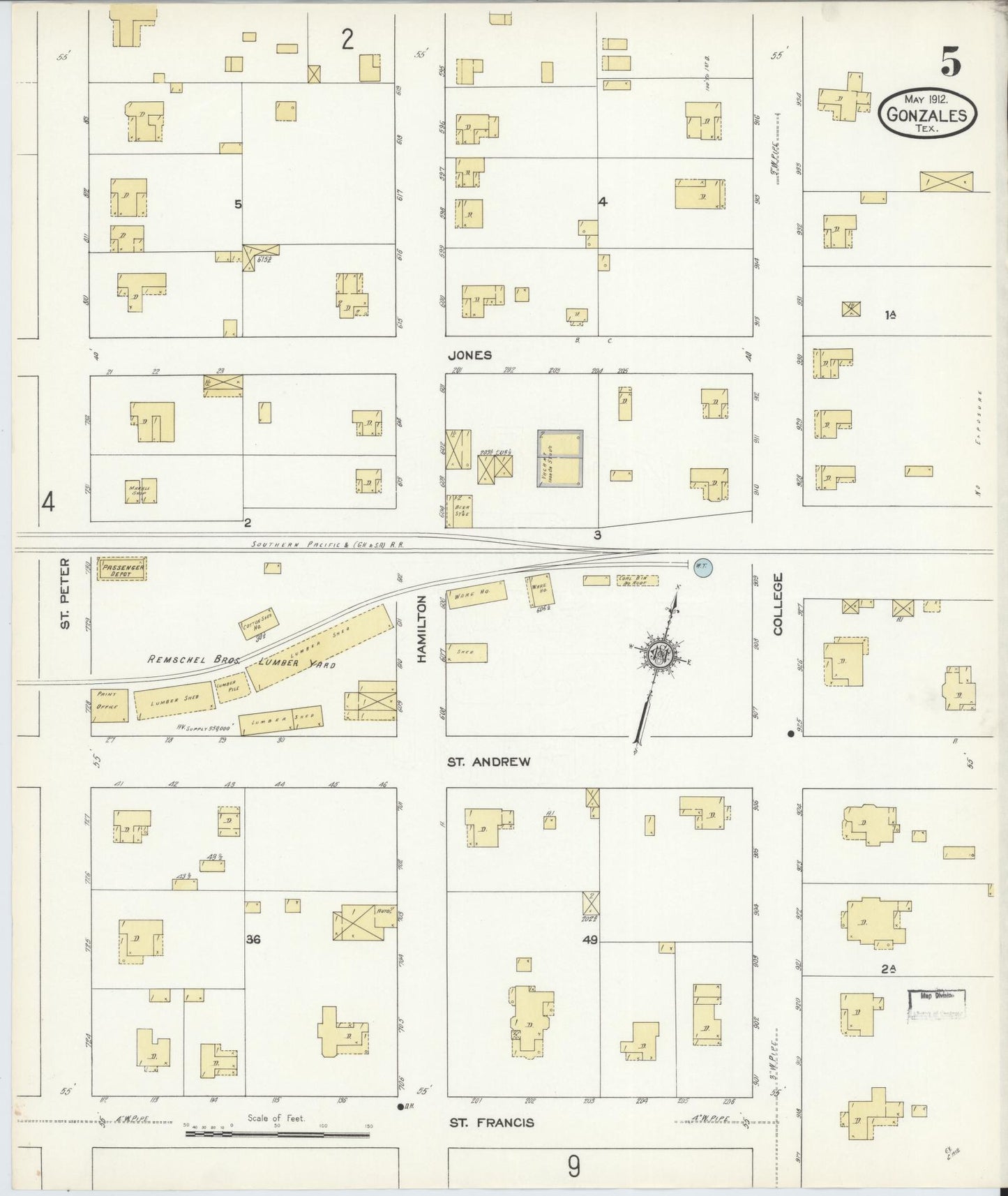 Sanborn Fire Insurance Map from Gonzales, Gonzales County, Texas (1912), Sheet #0005 - Complete Map Set gallery image, historic Sanborn map, vintage wall art, Texas Texas