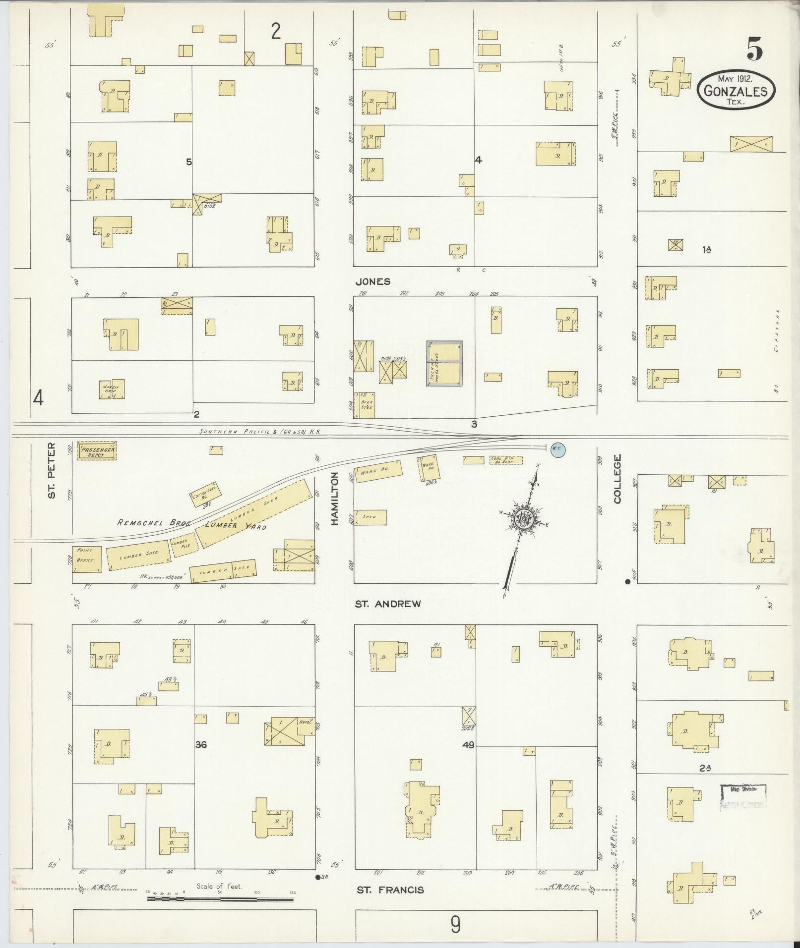 Sanborn Fire Insurance Map from Gonzales, Gonzales County, Texas (1912), Sheet #0005 - Complete Map Set gallery image, historic Sanborn map, vintage wall art, Texas Texas