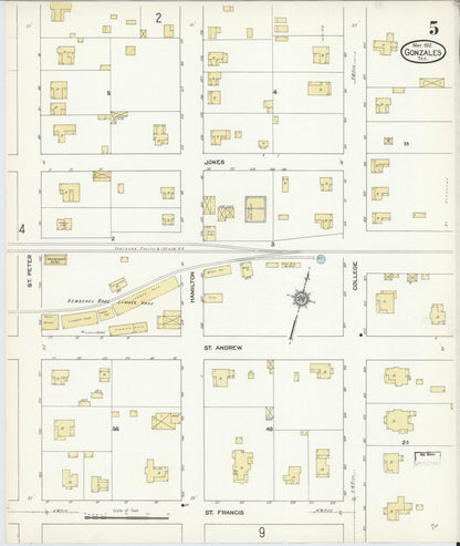 Sanborn Fire Insurance Map from Gonzales, Gonzales County, Texas (1912), Sheet #0005 - Complete Map Set gallery image, historic Sanborn map, vintage wall art, Texas Texas