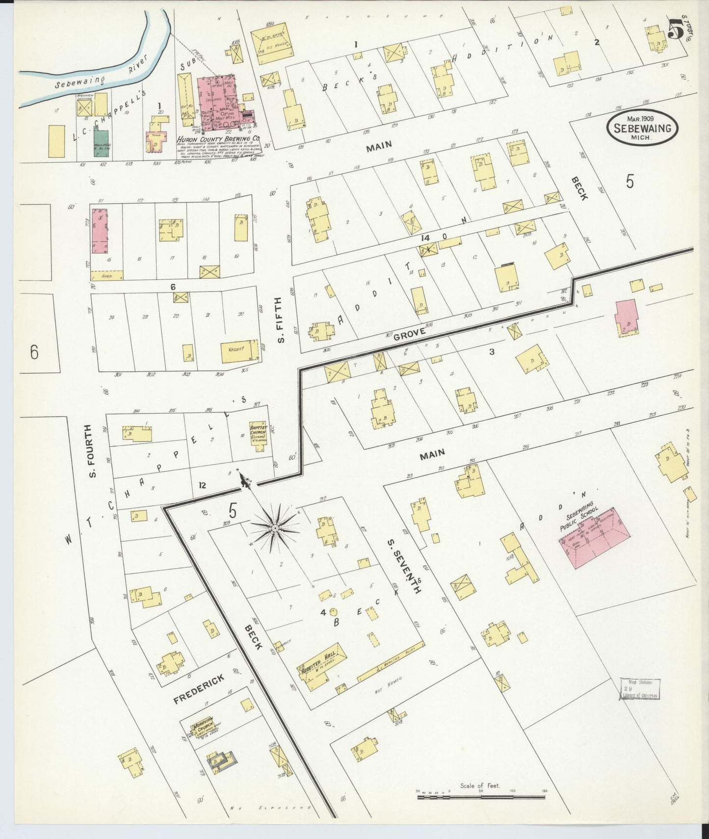 Sanborn Fire Insurance Map from Sebewaing, Huron County, Michigan (1909), Sheet #0005 - Complete Map Set gallery image, historic Sanborn map, vintage wall art, Michigan Michigan