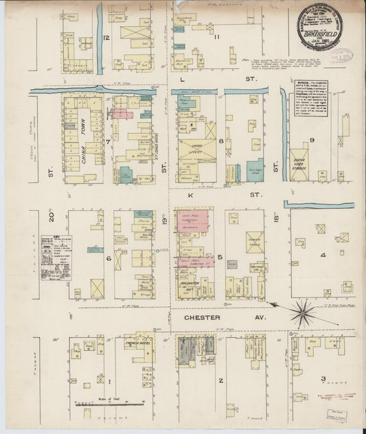 Sanborn Fire Insurance Map from Bakersfield, Kern County, California (1885), Sheet #0001 - Historic Sanborn Fire Insurance Map Print, vintage old map wall art, antique decor, genealogy gift, California California map