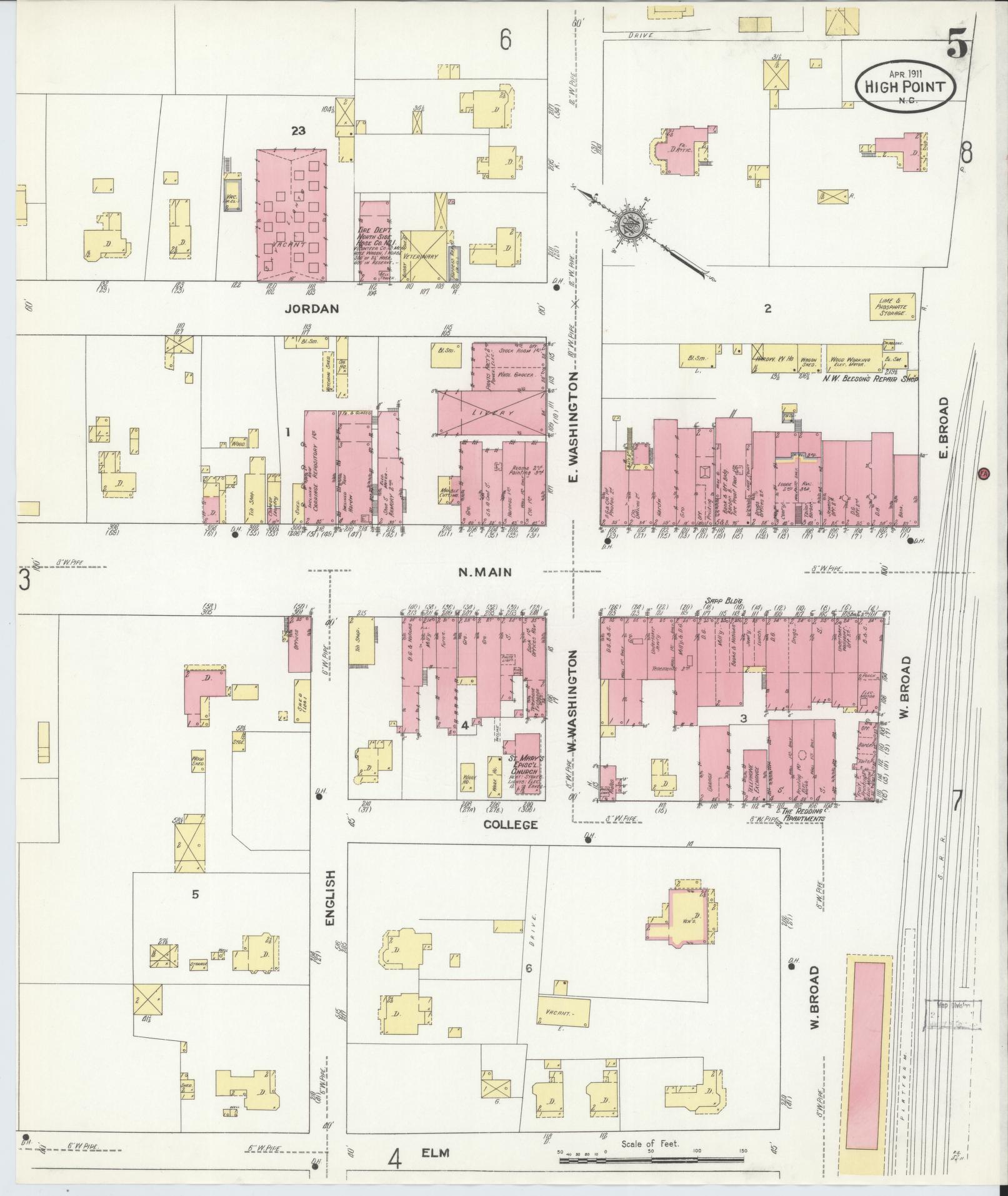 Sanborn Fire Insurance Map from High Point, Guilford County, North Carolina (1911), Sheet #0005 - Complete Map Set gallery image, historic Sanborn map, vintage wall art, North Carolina North Carolina