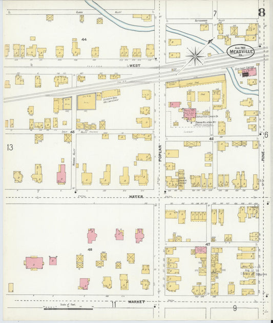 Sanborn Fire Insurance Map from Meadville, Crawford County, Pennsylvania (1905), Sheet #0008 - Historic Sanborn Fire Insurance Map Print, vintage old map wall art, antique decor, genealogy gift, Pennsylvania Pennsylvania map