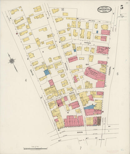Sanborn Fire Insurance Map from Greenfield, Franklin County, Massachusetts (1922), Sheet #0005 - Historic Sanborn Fire Insurance Map Print, vintage old map wall art, antique decor, genealogy gift, Massachusetts Massachusetts map
