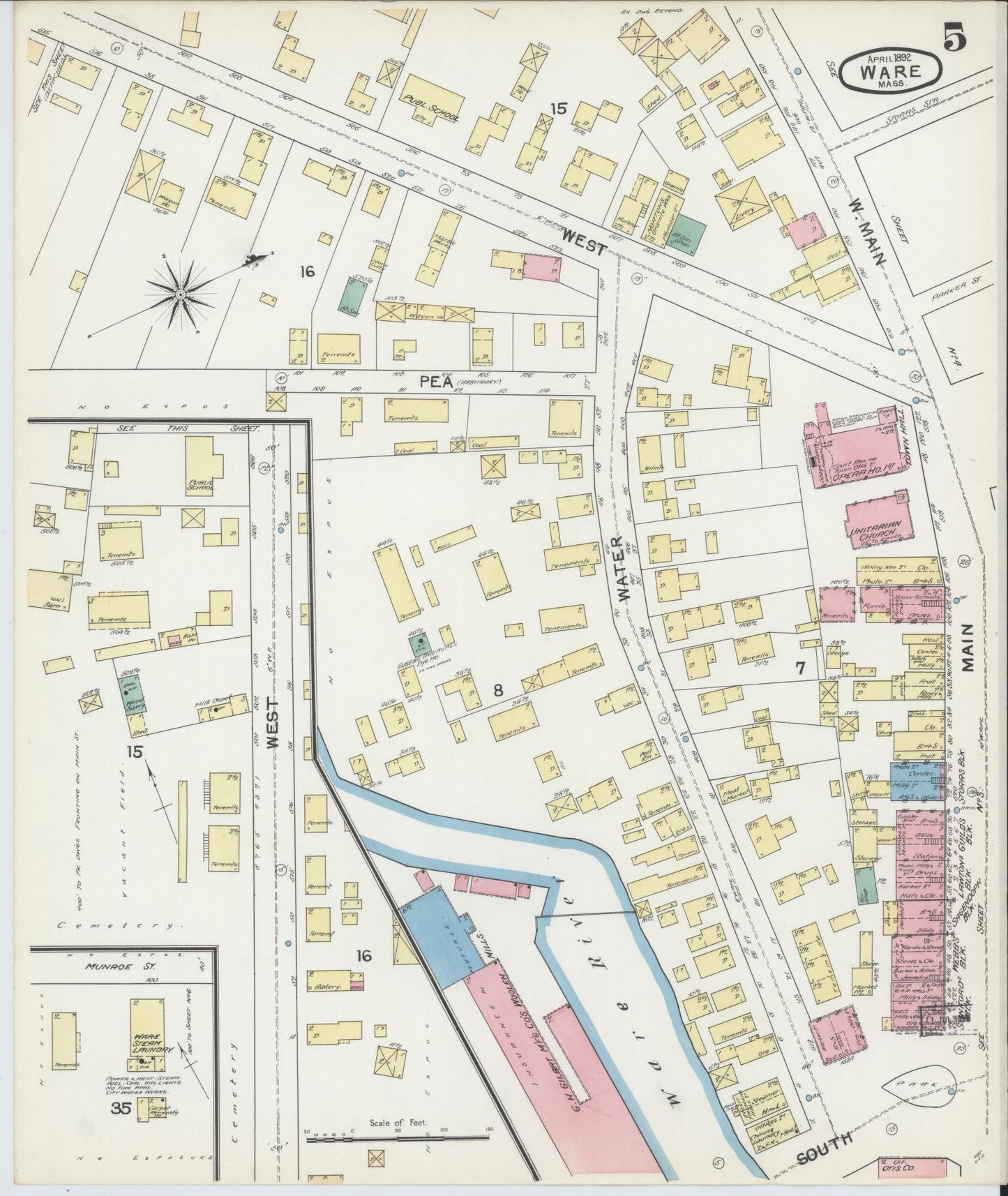 Sanborn Fire Insurance Map from Ware, Hampshire County, Massachusetts (1892), Sheet #0005 - Historic Sanborn Fire Insurance Map Print, vintage old map wall art, antique decor, genealogy gift, Massachusetts Massachusetts map
