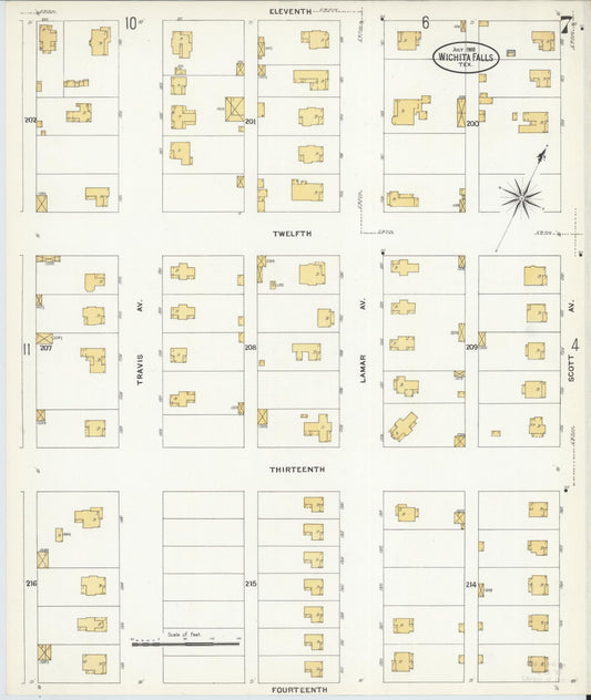 Sanborn Fire Insurance Map from Wichita Falls, Wichita County, Texas (1908), Sheet #0007 - Historic Sanborn Fire Insurance Map Print, vintage old map wall art, antique decor, genealogy gift, Texas Texas map