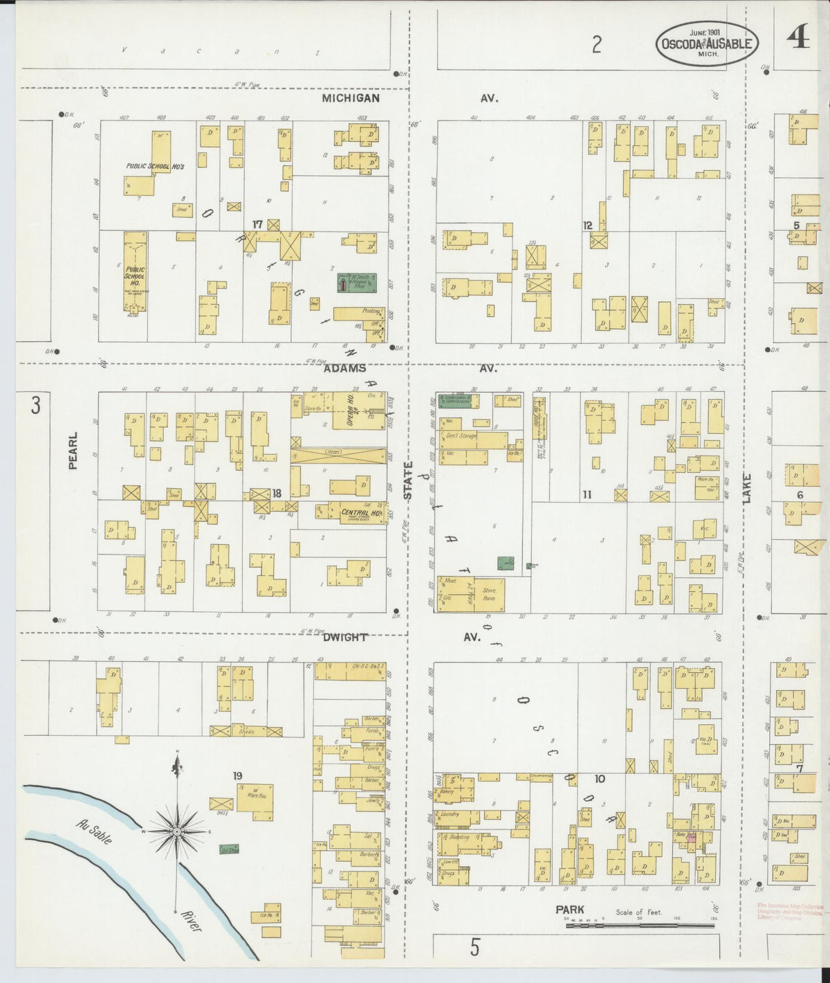 Sanborn Fire Insurance Map from Oscoda, Iosco County, Michigan (1901), Sheet #0004 - Historic Sanborn Fire Insurance Map Print, vintage old map wall art, antique decor, genealogy gift, Michigan Michigan map