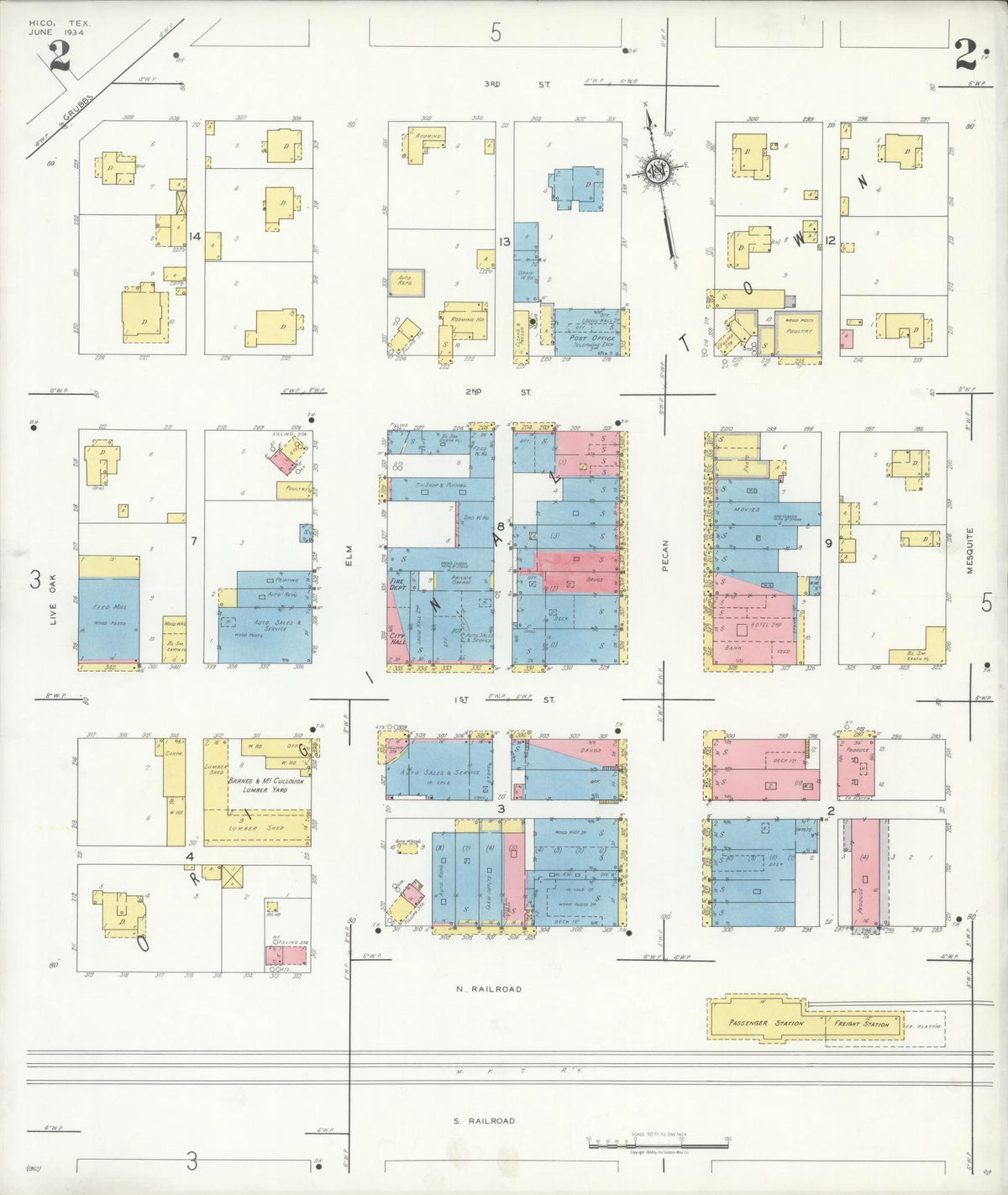 Sanborn Fire Insurance Map from Hico, Hamilton County, Texas (1934), Sheet #0002 - Complete Map Set gallery image, historic Sanborn map, vintage wall art, Texas Texas