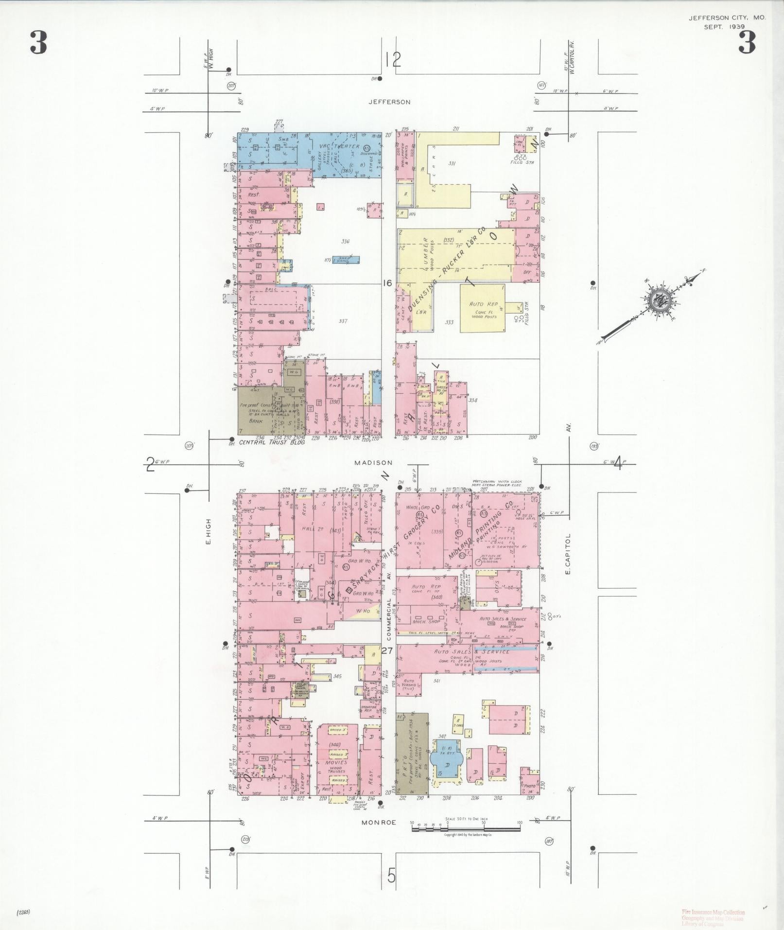 Sanborn Fire Insurance Map from Jefferson City, Cole County, Missouri (1939), Sheet #0003 - Historic Sanborn Fire Insurance Map Print, vintage old map wall art, antique decor, genealogy gift, Missouri Missouri map