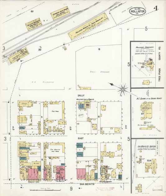 Sanborn Fire Insurance Map from Hollister, San Benito County, California (1902), Sheet #0004 - Historic Sanborn Fire Insurance Map Print, vintage old map wall art, antique decor, genealogy gift, California California map