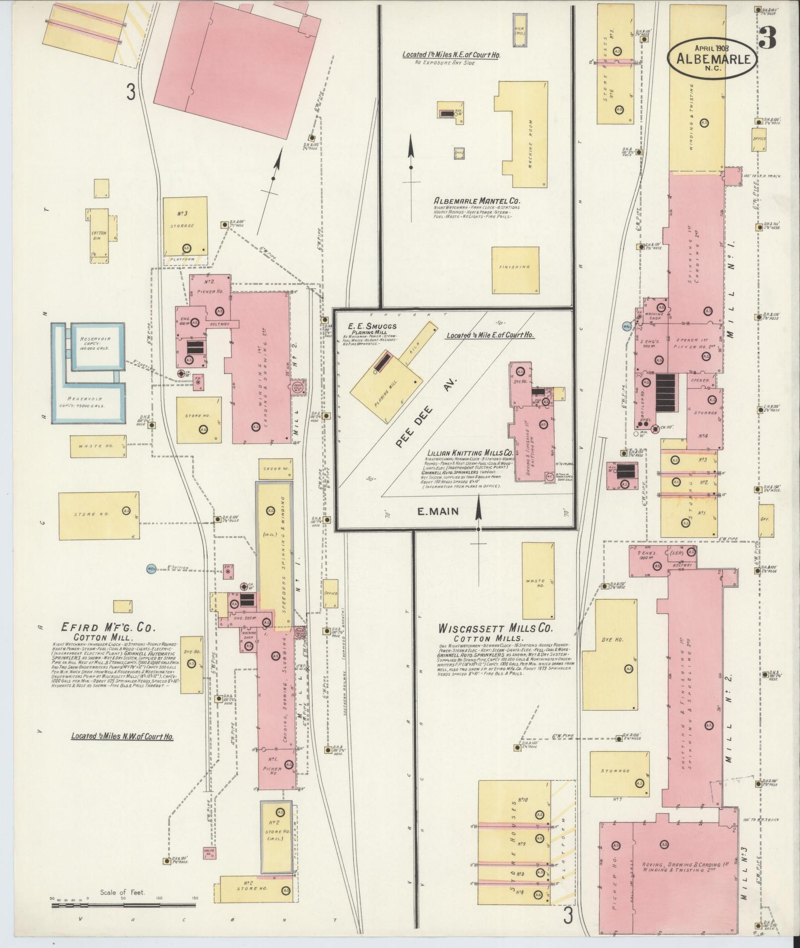 Sanborn Fire Insurance Map from Albemarle, Stanley County, North Carolina (1908), Sheet #0003 - Historic Sanborn Fire Insurance Map Print, vintage old map wall art, antique decor, genealogy gift, North Carolina North Carolina map