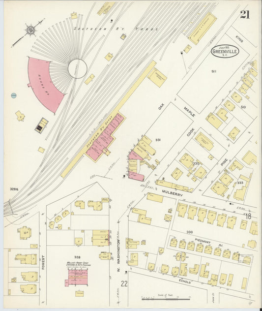 Sanborn Fire Insurance Map from Greenville, Greenville County, South Carolina (1913), Sheet #0021 - Historic Sanborn Fire Insurance Map Print, vintage old map wall art, antique decor, genealogy gift, South Carolina South Carolina map