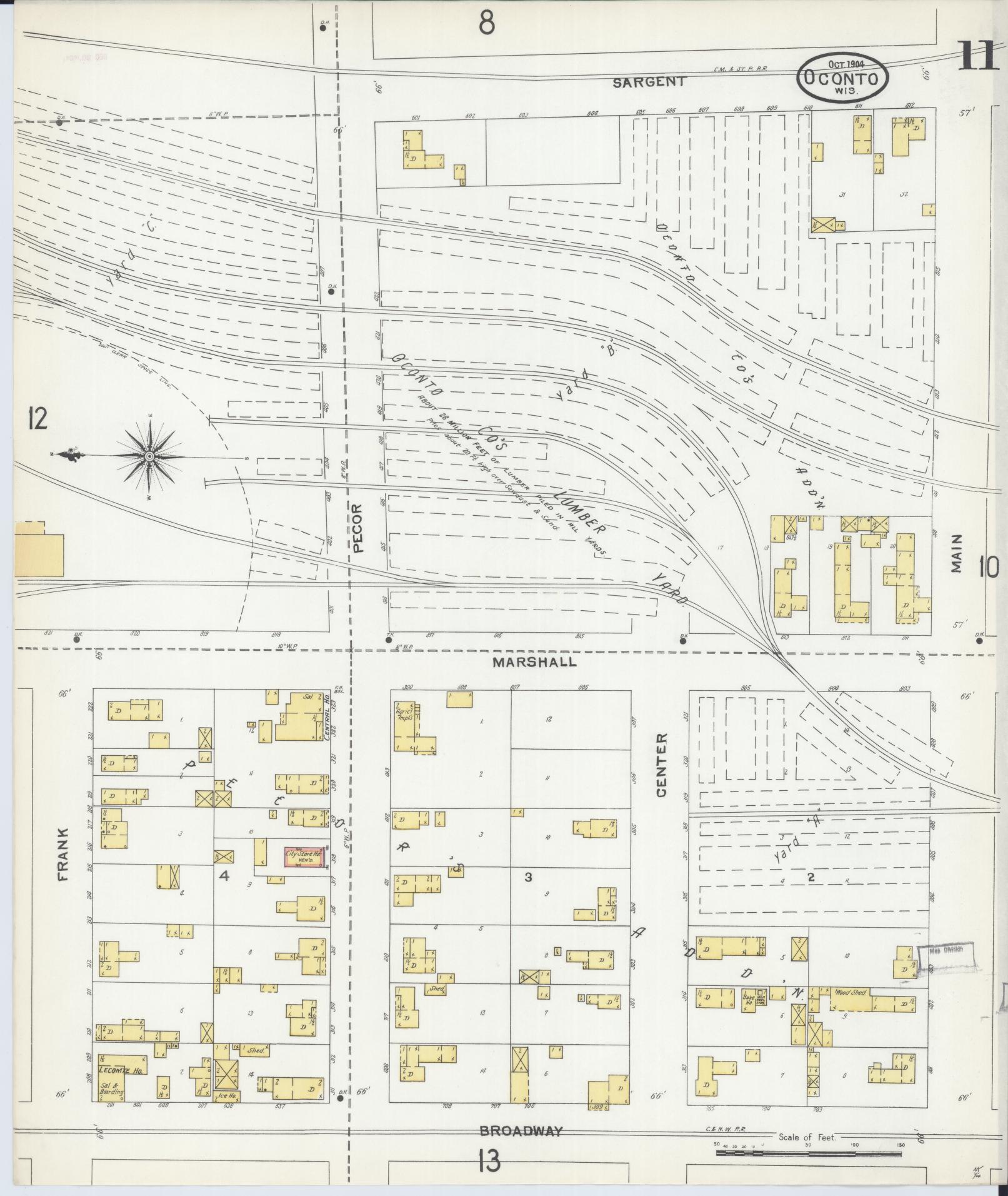 Sanborn Fire Insurance Map from Oconto, Oconto County, Wisconsin (1904), Sheet #0011 - Historic Sanborn Fire Insurance Map Print, vintage old map wall art, antique decor, genealogy gift, Wisconsin Wisconsin map