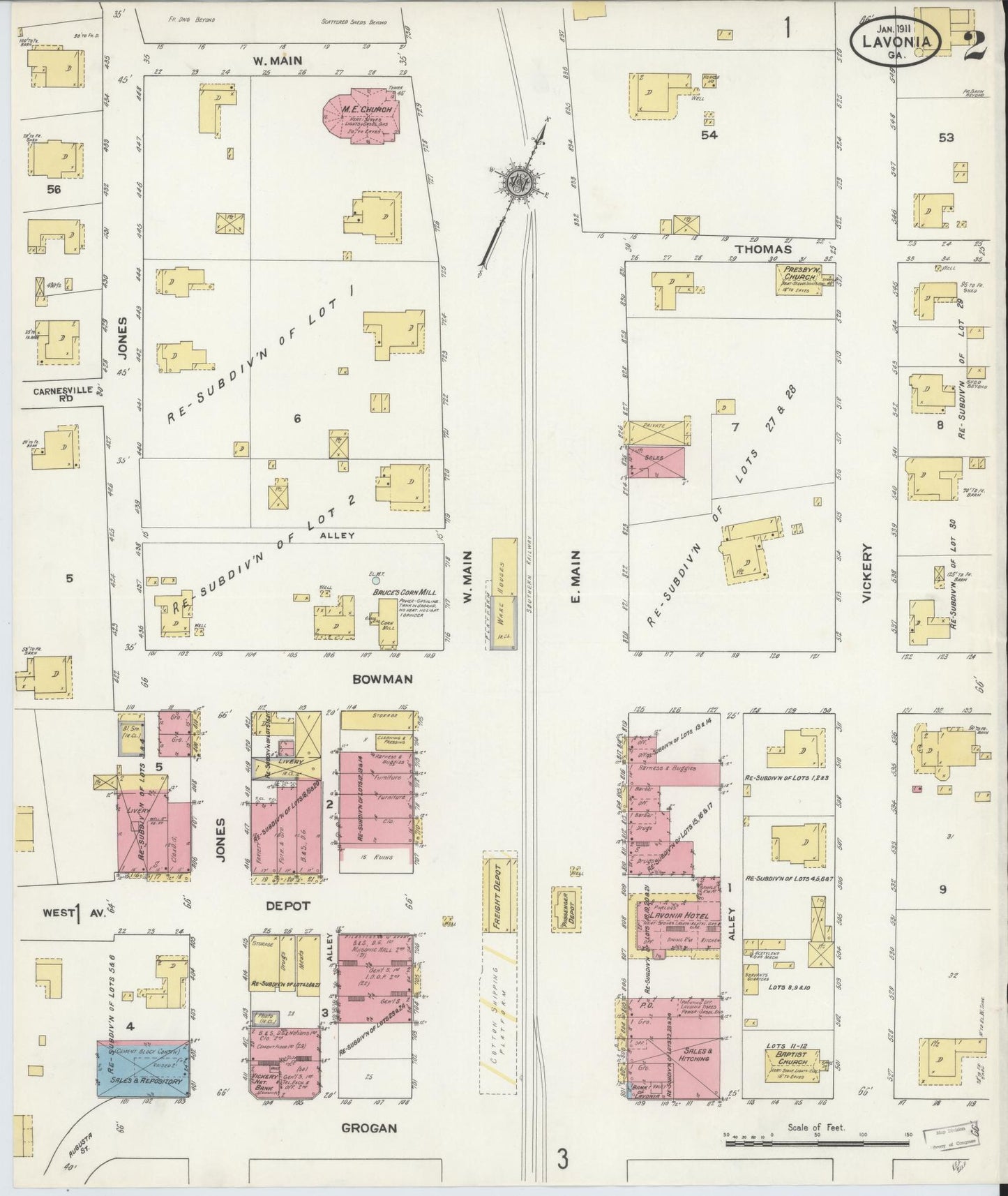 Sanborn Fire Insurance Map from Lavonia, Franklin County, Georgia (1911), Sheet #0002 - Complete Map Set gallery image, historic Sanborn map, vintage wall art, Georgia Georgia