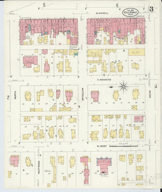 Sanborn Fire Insurance Map from Hillsdale, Hillsdale County, Michigan (1907), Sheet #0003 - Historic Sanborn Fire Insurance Map Print, vintage old map wall art, antique decor, genealogy gift, Michigan Michigan map