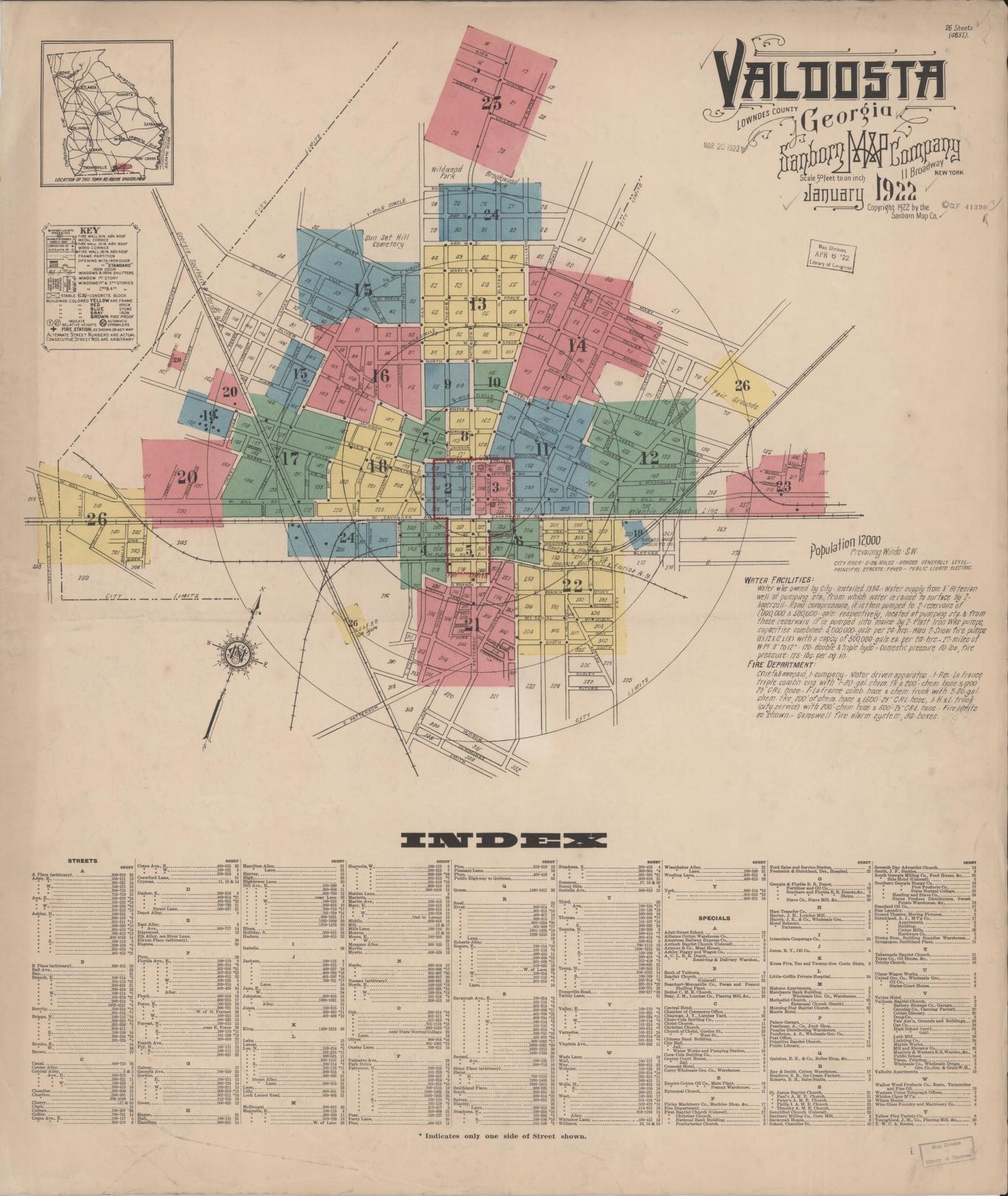 Sanborn Fire Insurance Map from Valdosta, Lowndes County, Georgia (1922), Sheet #0001 - Complete Map Set gallery image, historic Sanborn map, vintage wall art, Georgia Georgia