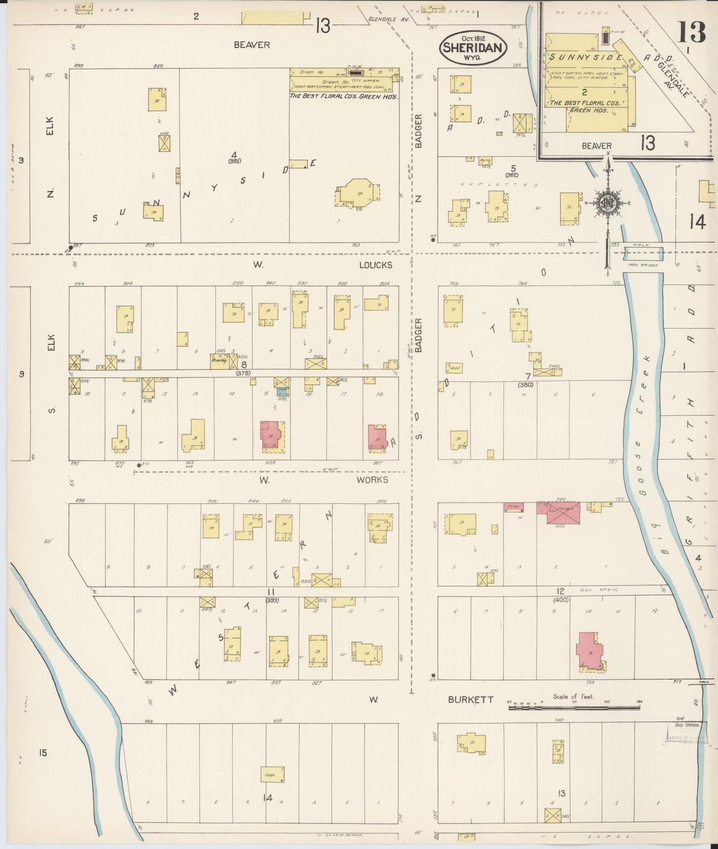 Sanborn Fire Insurance Map from Sheridan, Sheridan County, Wyoming (1912), Sheet #0013 - Historic Sanborn Fire Insurance Map Print, vintage old map wall art, antique decor, genealogy gift, Wyoming Wyoming map
