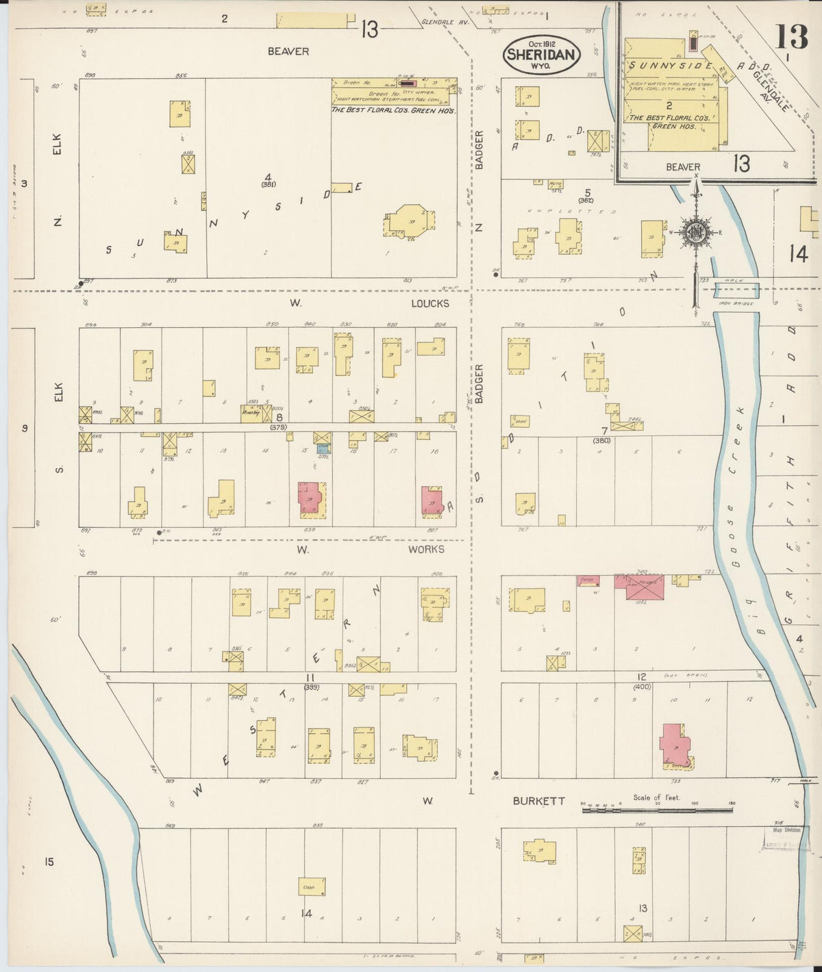 Sanborn Fire Insurance Map from Sheridan, Sheridan County, Wyoming (1912), Sheet #0013 - Historic Sanborn Fire Insurance Map Print, vintage old map wall art, antique decor, genealogy gift, Wyoming Wyoming map