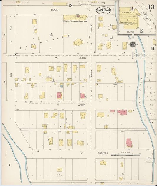 Sanborn Fire Insurance Map from Sheridan, Sheridan County, Wyoming (1912), Sheet #0013 - Historic Sanborn Fire Insurance Map Print, vintage old map wall art, antique decor, genealogy gift, Wyoming Wyoming map