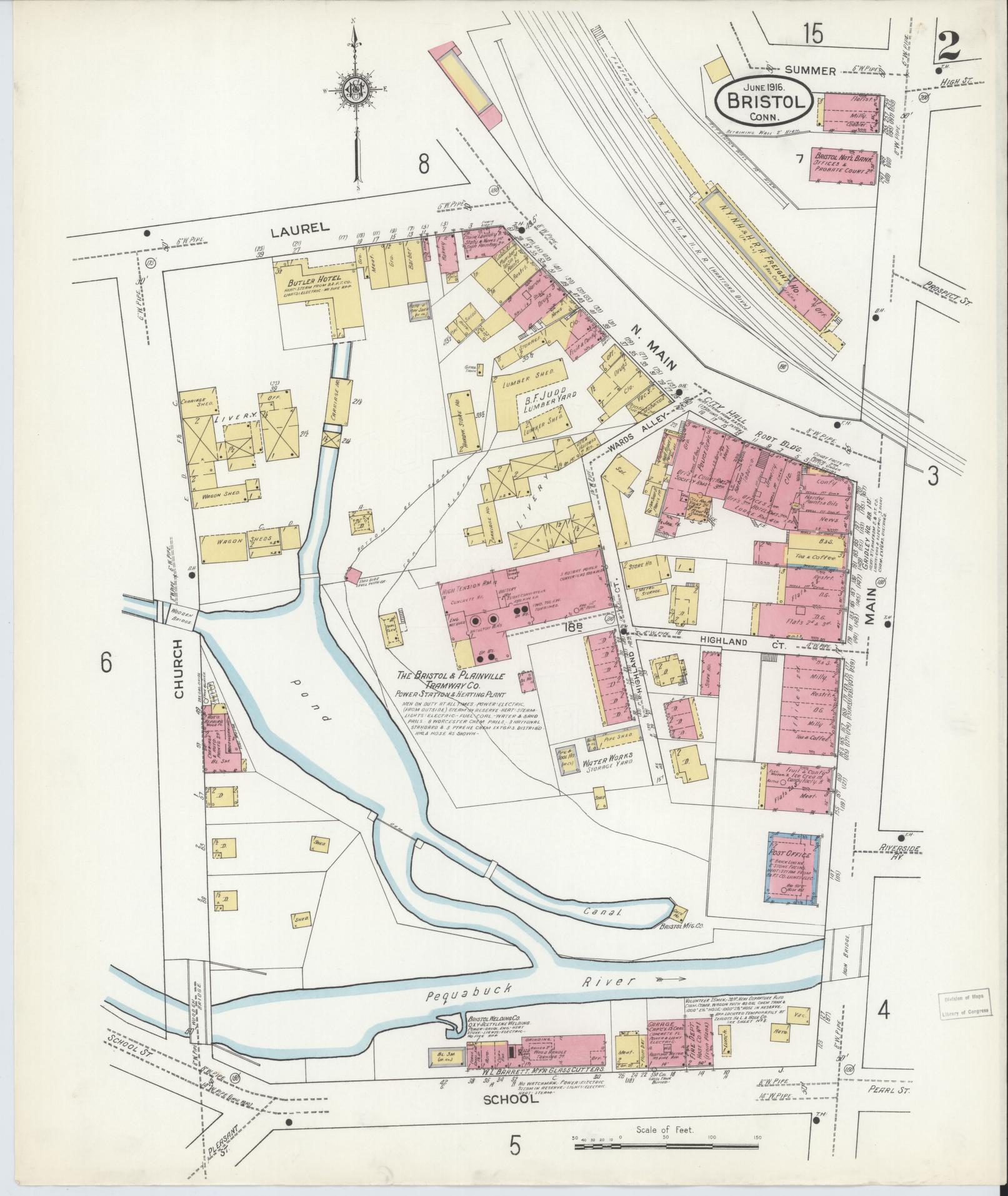 Sanborn Fire Insurance Map from Bristol, Hartford County, Connecticut (1916), Sheet #0002 - Historic Sanborn Fire Insurance Map Print, vintage old map wall art, antique decor, genealogy gift, Connecticut Connecticut map