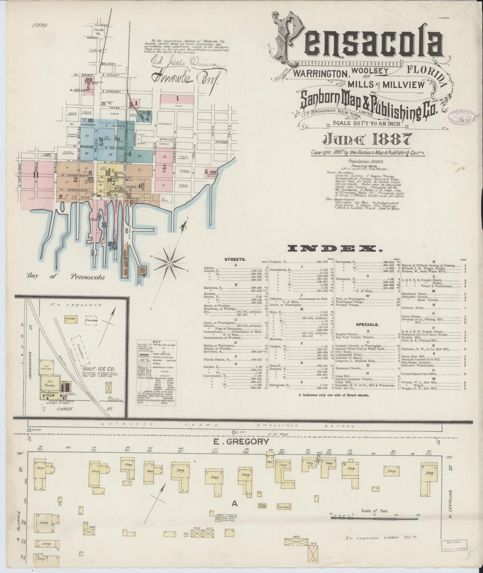 Sanborn Fire Insurance Map from Pensacola, Escambia County, Florida (1887), Sheet #0001 - Historic Sanborn Fire Insurance Map Print, vintage old map wall art, antique decor, genealogy gift, Florida Florida map