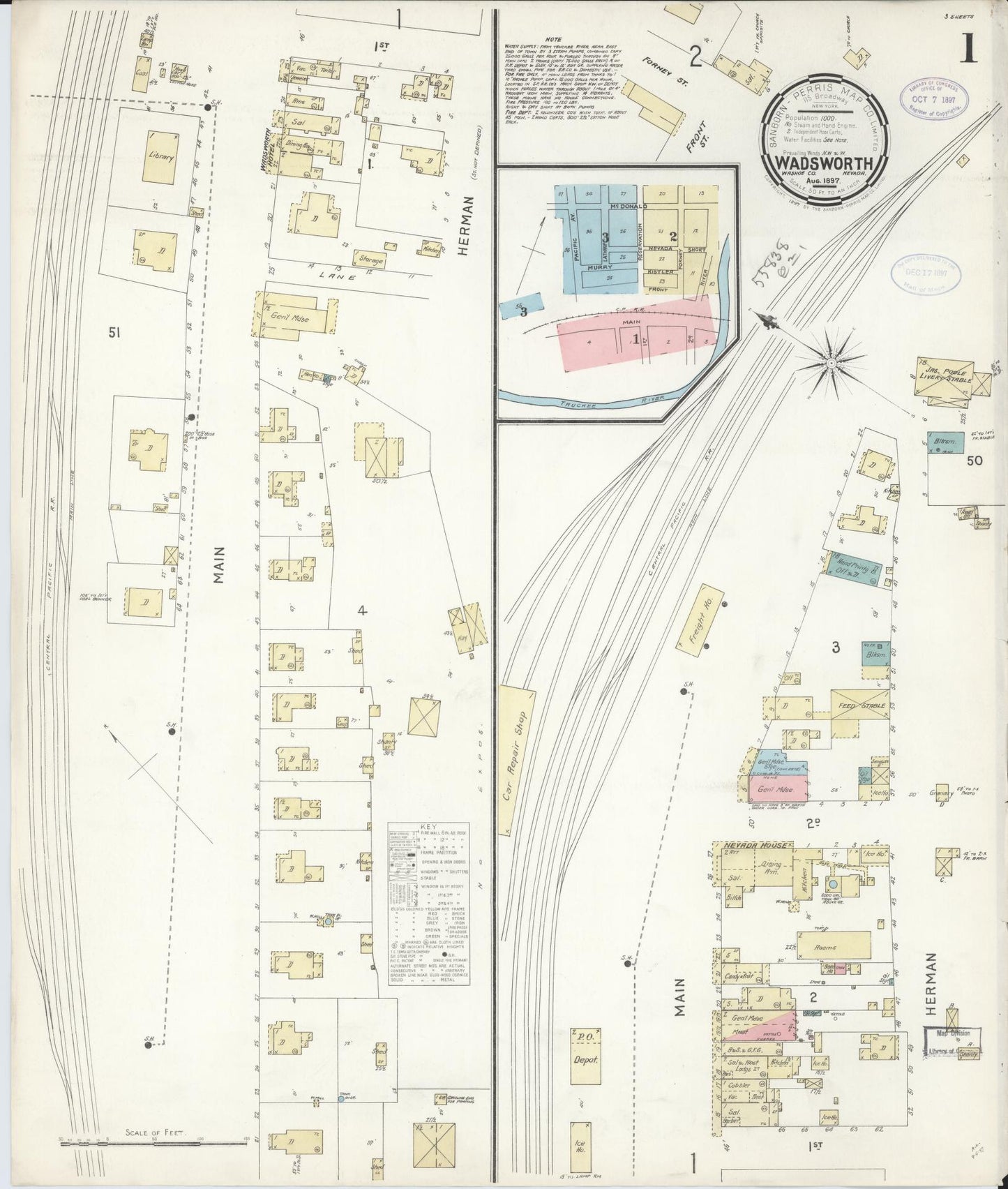 Sanborn Fire Insurance Map from Wadsworth, Washoe County, Nevada (1897), Sheet #0001 - Historic Sanborn Fire Insurance Map Print, vintage old map wall art, antique decor, genealogy gift, Nevada Nevada map